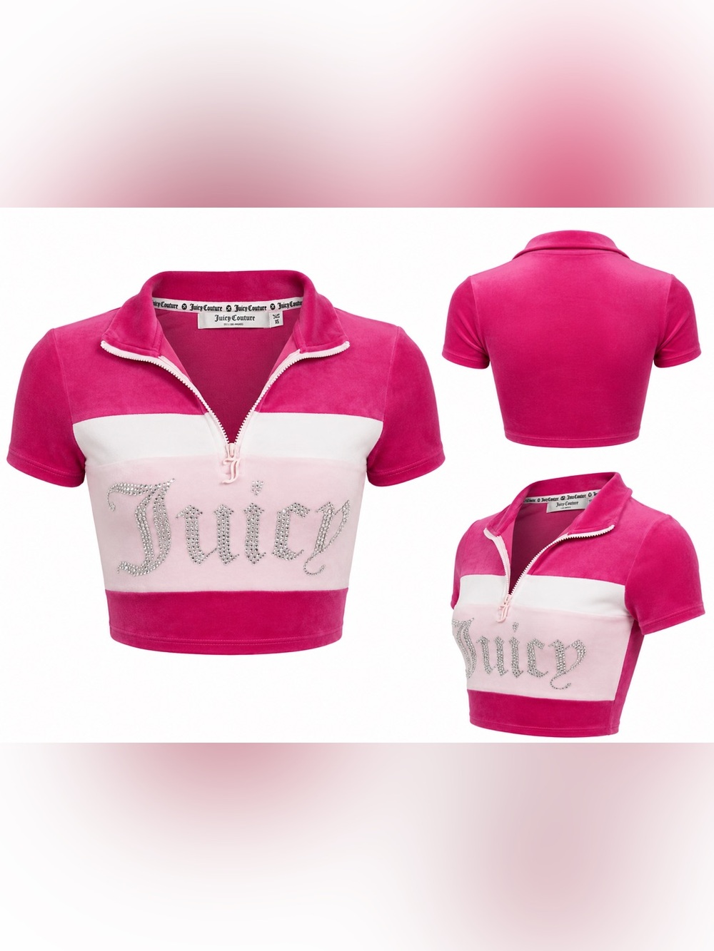 Juicy Couture Pink Velour Rhinestone Logo Crop Top XS Y2K Zip Front